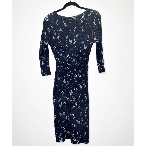 Weekend Max Mara Midi Bird Dress Floral Ruched Long Sleeve Round Neck Navy Small - Picture 2 of 5